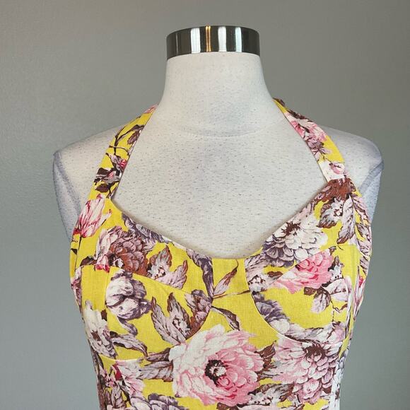 Yellow Floral Print Sleeveless A-Line Midi Dress Size 10 BARDOT Colorful Linen - Picture 5 of 12